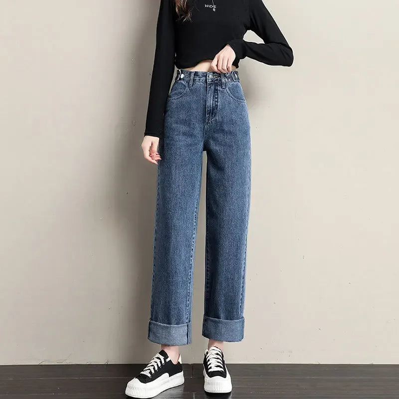 Multi-Button Wide-Leg Women's Jeans New Style Adjustable High-Waisted Straight-Leg Long Pants Loose Fit Niche Style