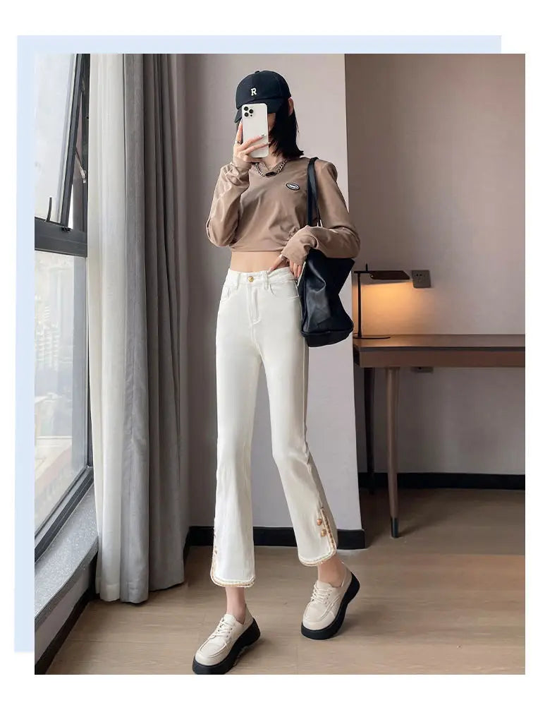 Winter Fashion Luxury Women's Clothing Slim Pants Elastic Force Solid Color Panelled Button Slit Straight Tube Cropped Trousers