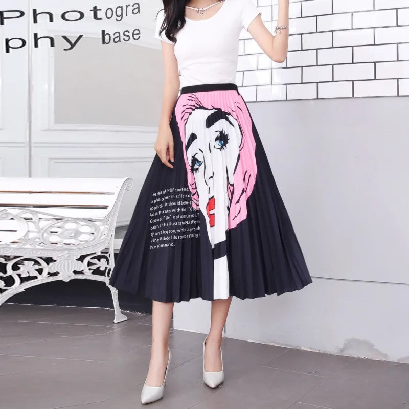 2024 Summer Women Cartoon Print Pleated Skirts A Line High Waisted Elastic Midi Long Skirt Ladies Party Korean Style Dresses - Seprincess