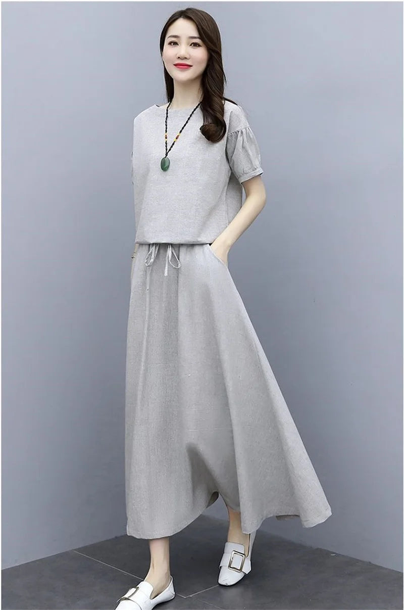 Cotton Linen Skirt Two-Piece Women's Summer 2024 New Set Slim Skirts Sleeve Suit Skirts Fashion 2PCS Temperament Female Outfit