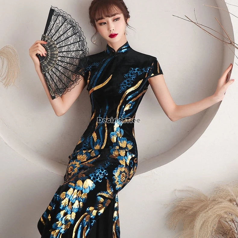 2024 temperament banquet formal dress gold graceful gorgeous thread embroidery qipao dress new retro improved chinese cheongsam - Seprincess