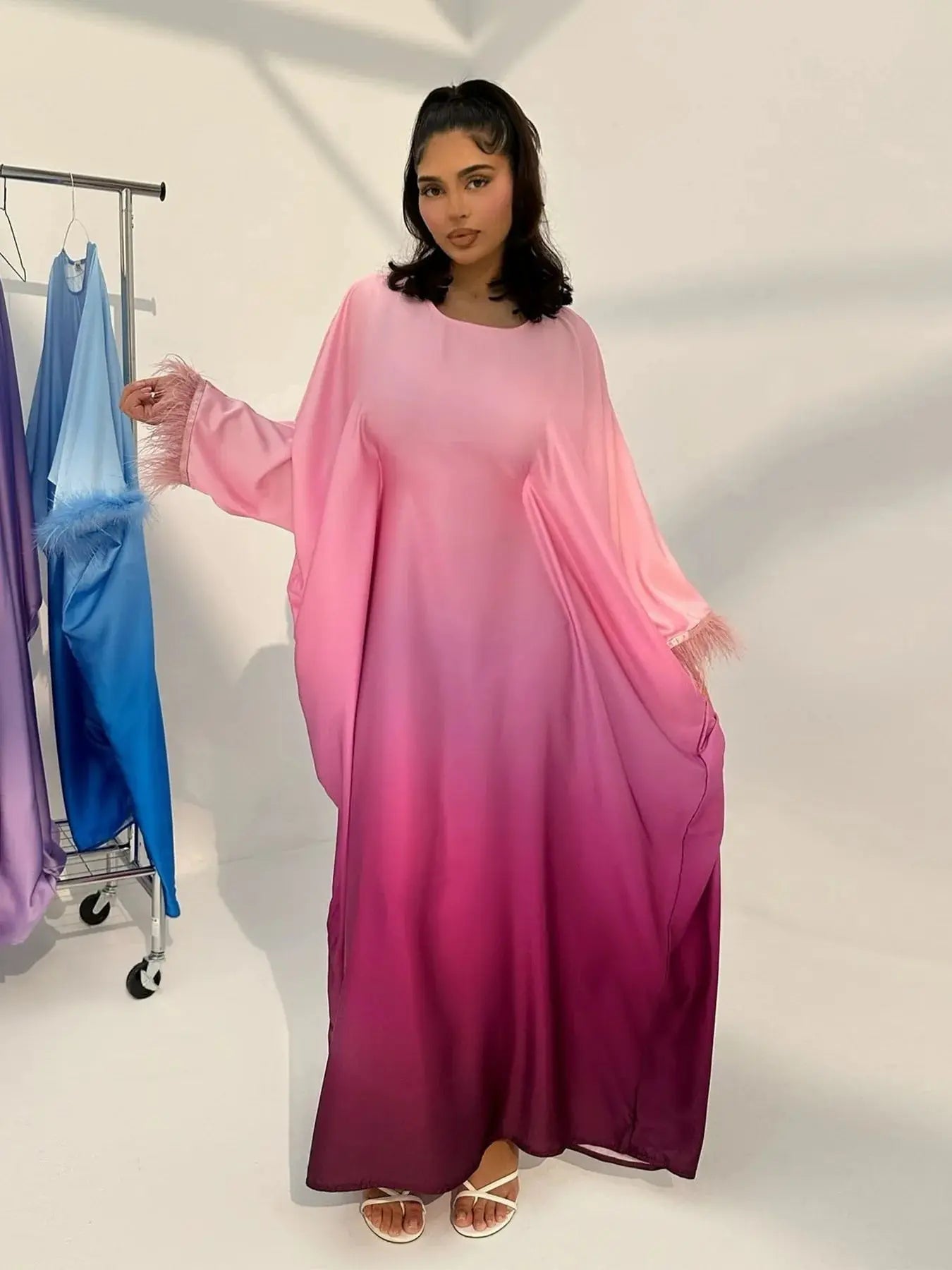 Fashion Shiny Feather Cuff Muslim Dress Robe Female Full Length Soft Butterflies Abaya Muslim Dress Worship Service Abaya wy2073 - Seprincess