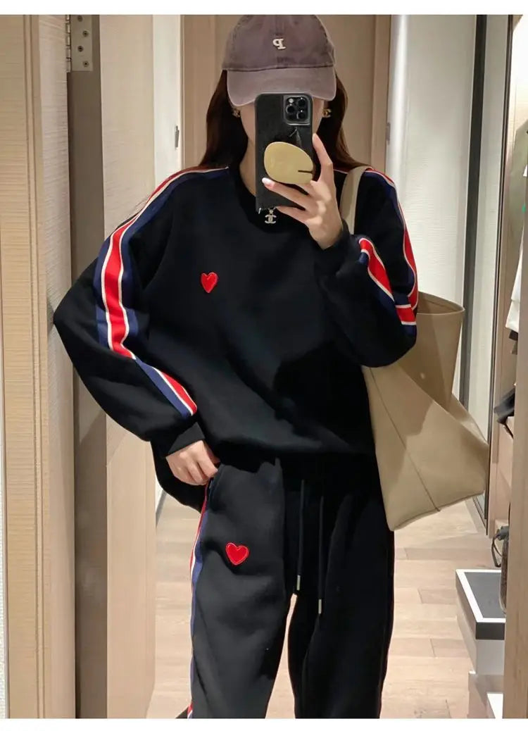 Autumn Cute Love Embroidery Pant Sets Two Pieces Tracksuits Khaki Side Striped Sweatshirt Women Girls Loose Sporty Korean Style