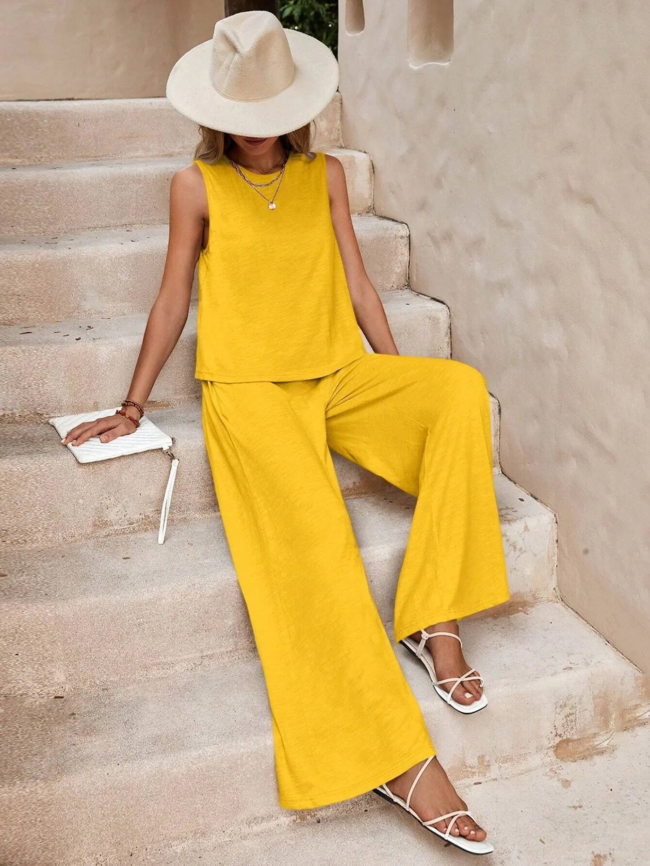 Women's Set 2024 Summer New Yellow Round Neck Sleeveless Shirt Wide Leg Pants Two Piece Set For Women Versatile Casual Outfits - Seprincess