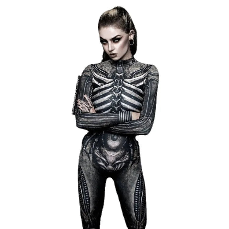 Women Clothing Long Sleeve 3D Printed Halloween Carnival Horror Human Skeleton Cosplay Costumes Tight Jumpsuit Zentai Bodysuit - Seprincess