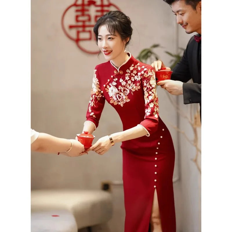 Burgundy Wedding Cheongsam Engagement Dress New Chinese Qipao Toast Clothes Retro Mandarin Collar Improved Sexy Slit Slim Dress - Seprincess