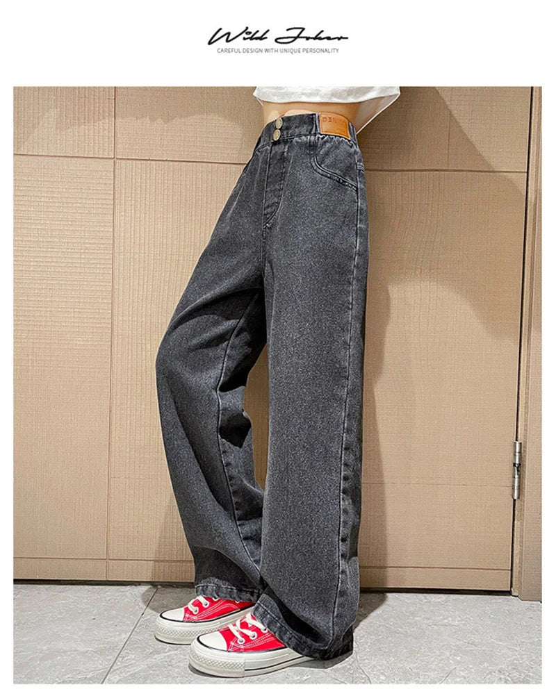 Girls Loose Jeans Pants Autumn Children Casual Straight Long Pants Teen School Big Kids Wide Leg Trousers 5-14 Years