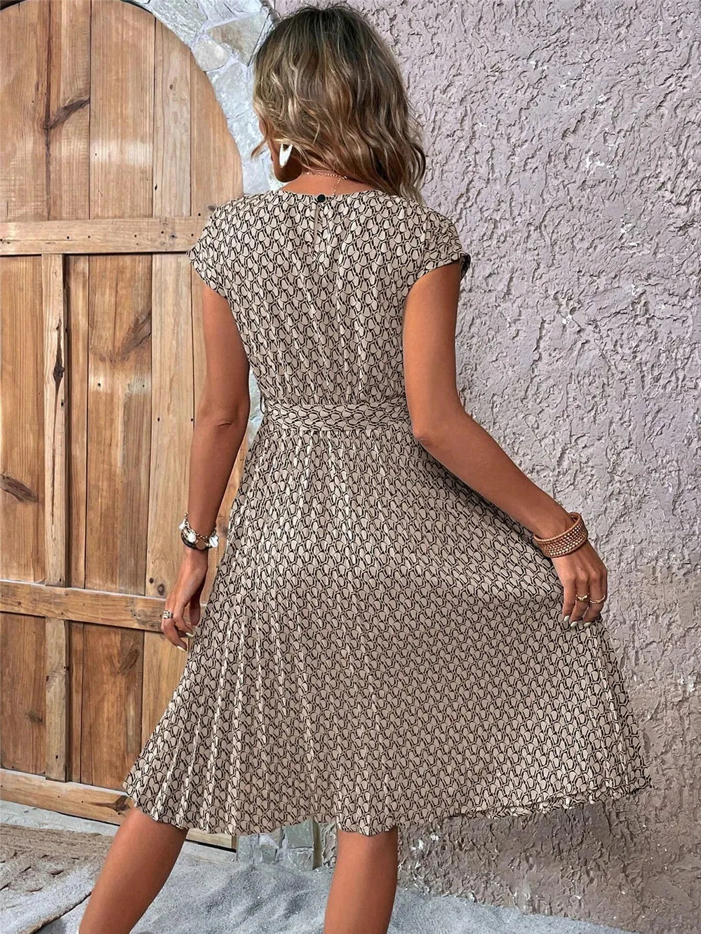 Elegant Print Lace-up Dress Summer Women Round Neck Pleated Medium Long Dress - Seprincess