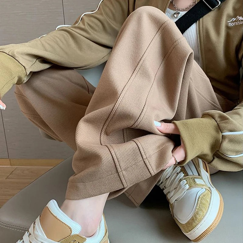 2024 Women High Waisted Leisure Loose Pants Girls Casual Straight Leg Slacks Female Baggy Light Grey Khaki Beige Black Trousers