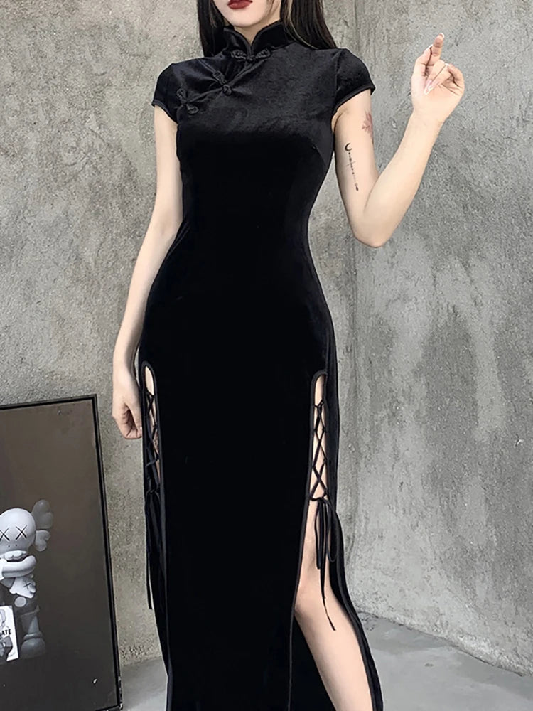 Goth Dark Romantic Gothic Velvet Aesthetic Dresses Vintage Women Black Bandage SlitHem Bodycon Dress Sexy Evening Wear Cheongsam - Seprincess