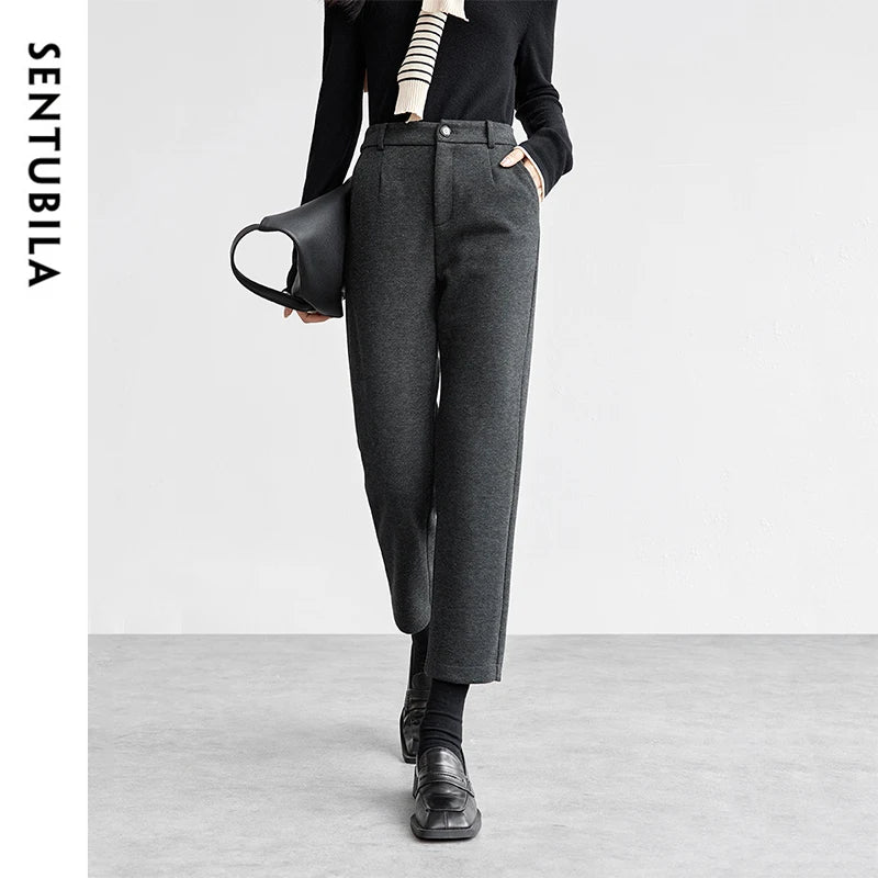 SENTUBILA Straight Wool Knitted Pants Women 2024 Winter Slim Fit  Thick Warm High Waist Ankle Knee-length Pencil Pant 144K56342