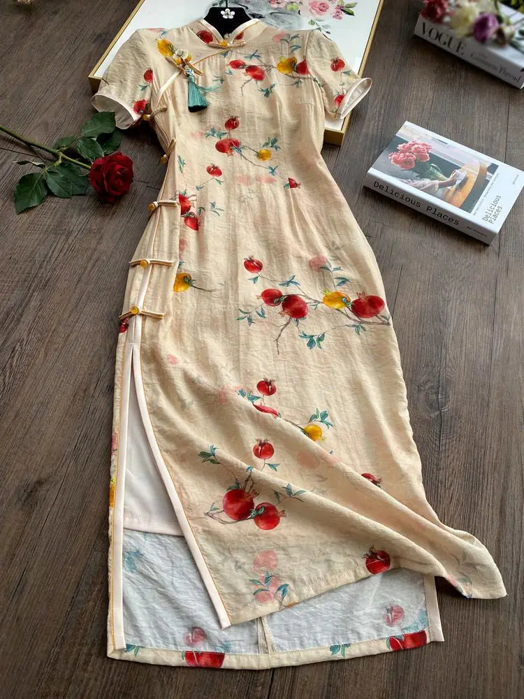 Qipao Women 2024 New Vintage Chinoiserie Young Temperament Print Cheongsam Medium Length Summer College Entrance Examination - Seprincess