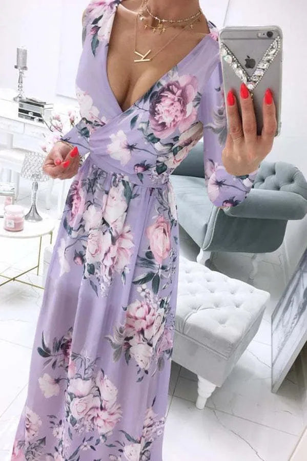 Amazon eBay Cross border 2024 Summer Chiffon Printed Long Dress V-neck Dress Long Sleeve Split Dress Women - Seprincess