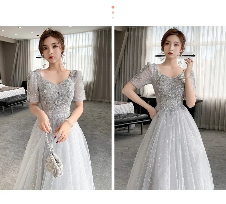 Grey Bridesmaid Dresses Elegant Women Applique Off The Shoulder Floor Length Tulle Wedding Party Dress Formal Prom Gowns