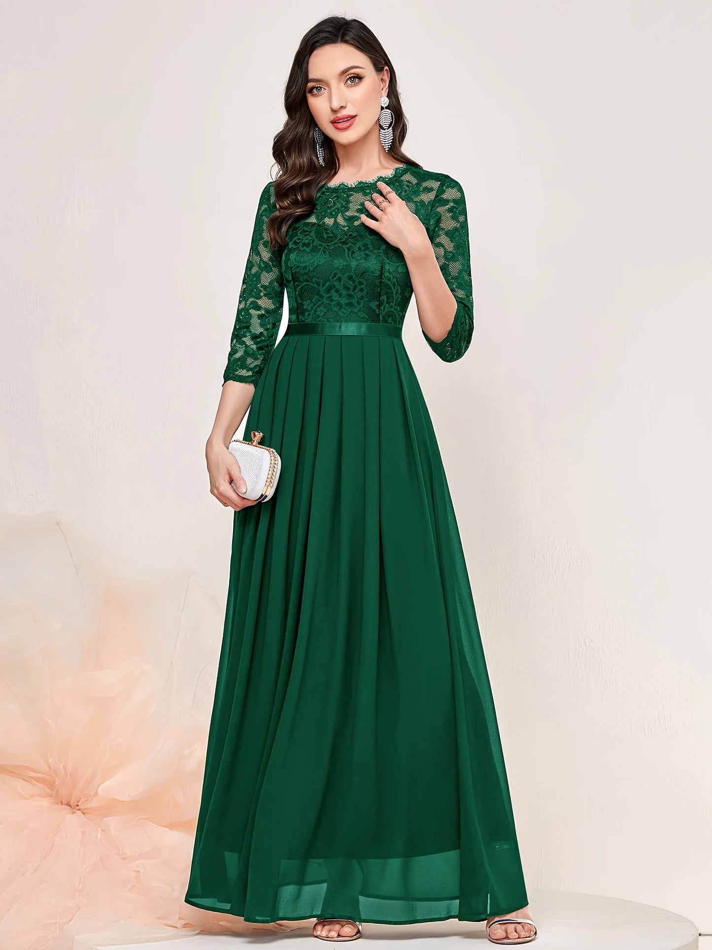 Contrast Lace Pleated Elegant Solid 3/4 Sleeve Party Maxi Formal Evening Dress - Seprincess