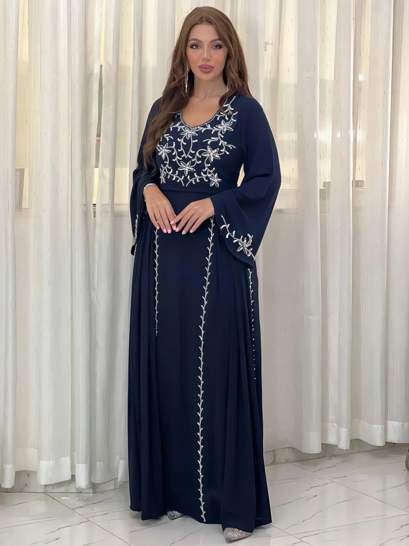 Dress for Women 2024 Spring Summer Fashion Muslim Women Long Sleeve Polyester Kaftan Embroidery Long Maxi Dress Abaya Dubai