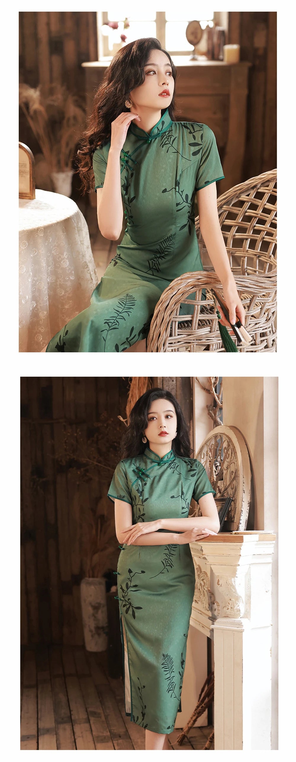 Long Chiffon Cheongsam Vintage Old Shanghai Green Printed Dress Summer Daily Elegant Chinese Traditional Banquet Qipao Chinoise - Seprincess