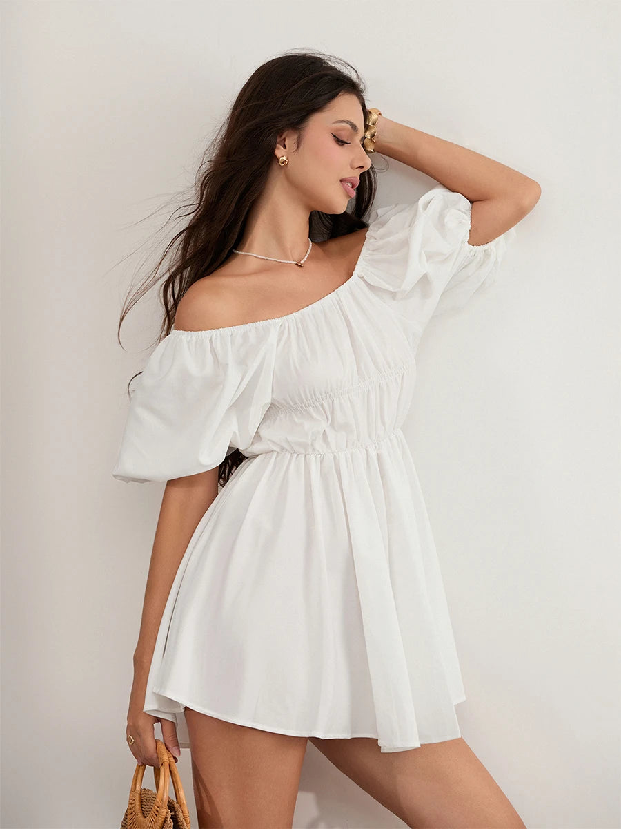 Women Casual Summer Dress Fashion Sexy Solid Color Elegant Short Puff Sleeve Off-shoulder Tunic Dress Brown/White - Seprincess