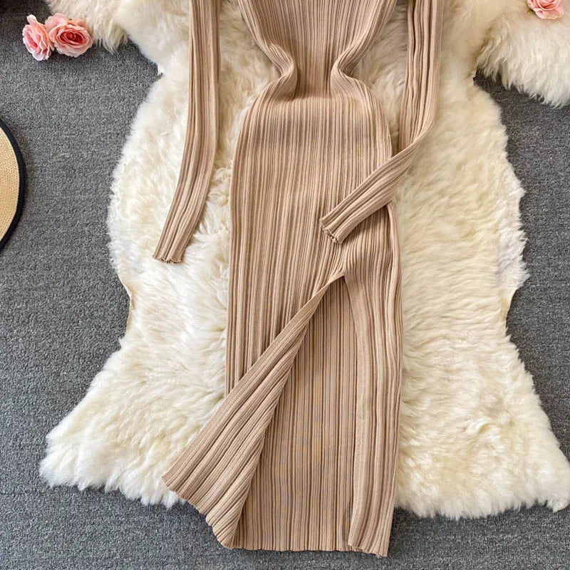 Women Korean Knitted Dress Long Sleeve V Neck Elastic Slim Pencil Dresses 2024 Autumn Sexy Bodycon Split Sweater Dress