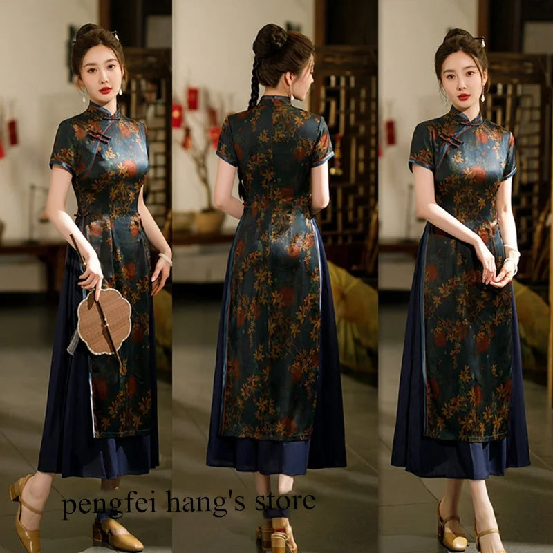 Burgundy Qipao Grace Improved Chinese Style Dresses Lady's Satin Cheongsam Summer Spring Ao Dai Flower Print Dress Oversize 4Xl