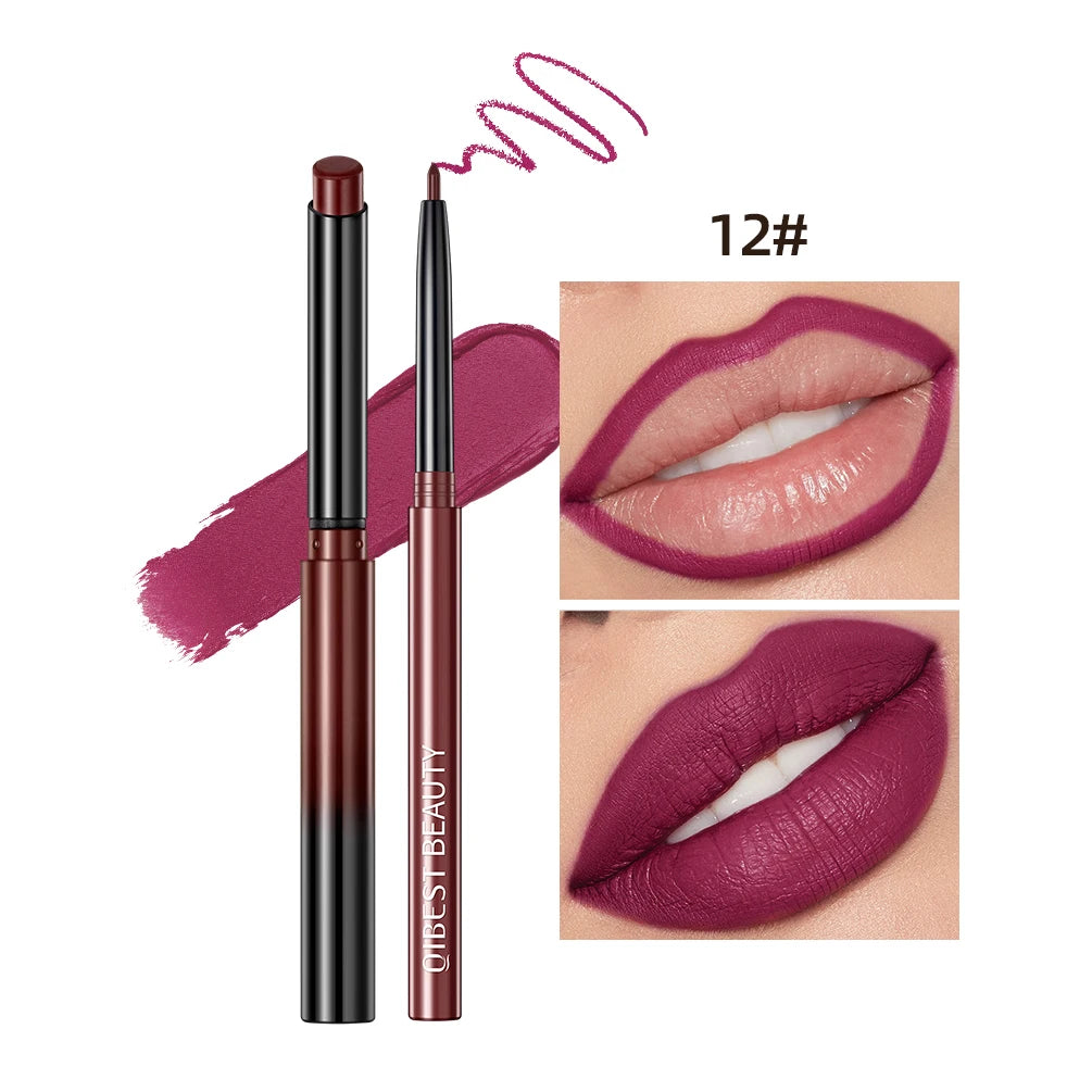 QIBEST 2pcs Matte Lipstick Lipliner Pen Makeup Set Nude Lip Liner Pencil Long Lasting Lipstick Pen Contour Waterproof Lip Stain