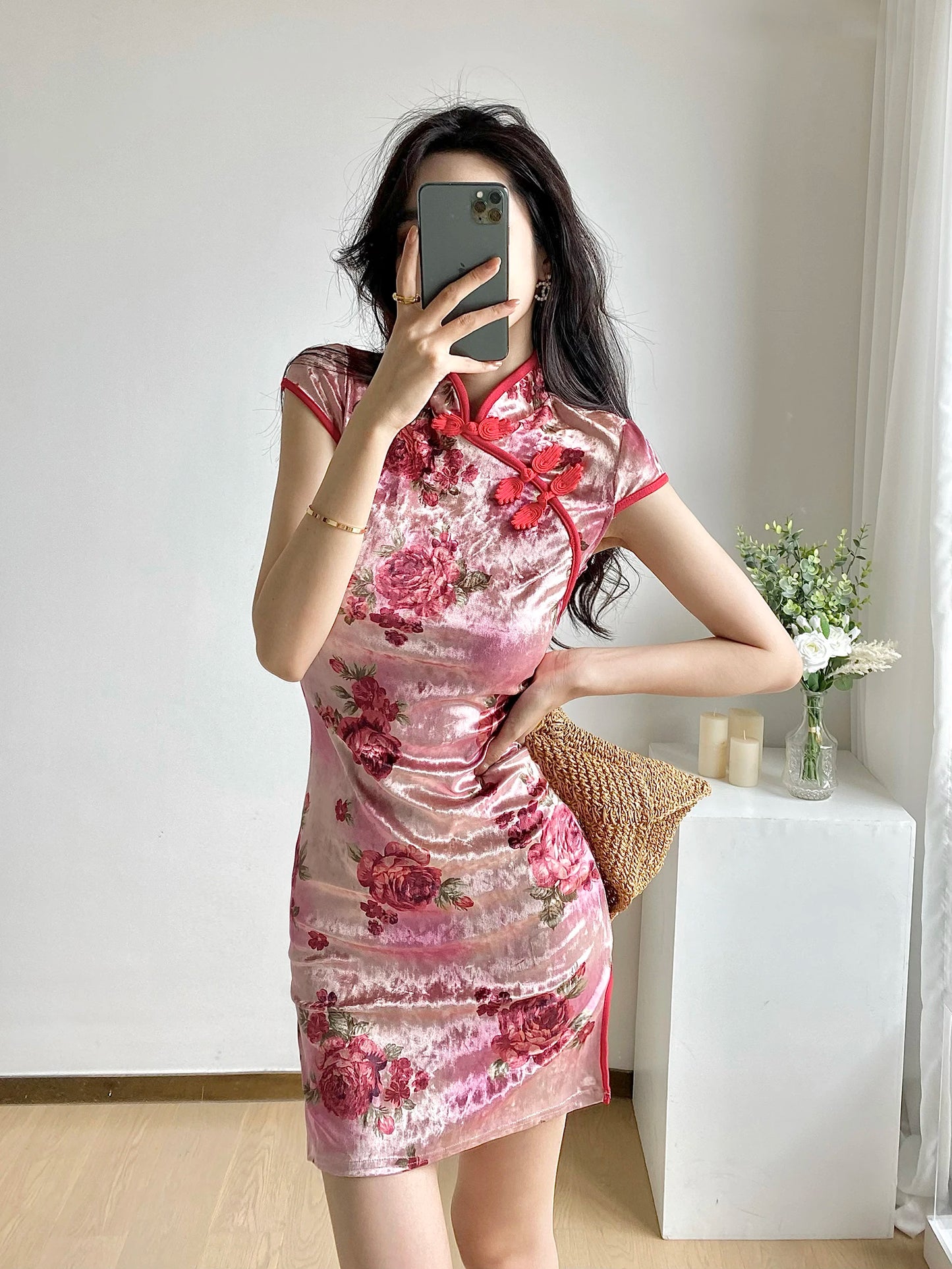 Chinese Dress Pink Sexy Qipao Dresses Cheongsam Dress Velvet Retro Printed Cheongsams Mini Qipao China Dress Robe Chinoise - Seprincess