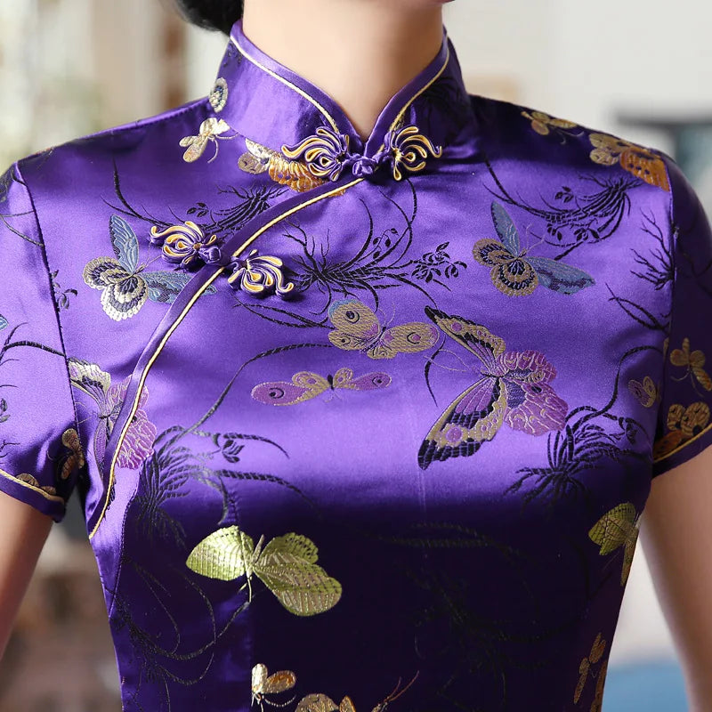 Short Sleeve Long Qipao Purple Brocade Satin Cheongsam Female Sexy Butterfly Flower Qipaos Chinese Style Banquet Gown Vestidos - Seprincess