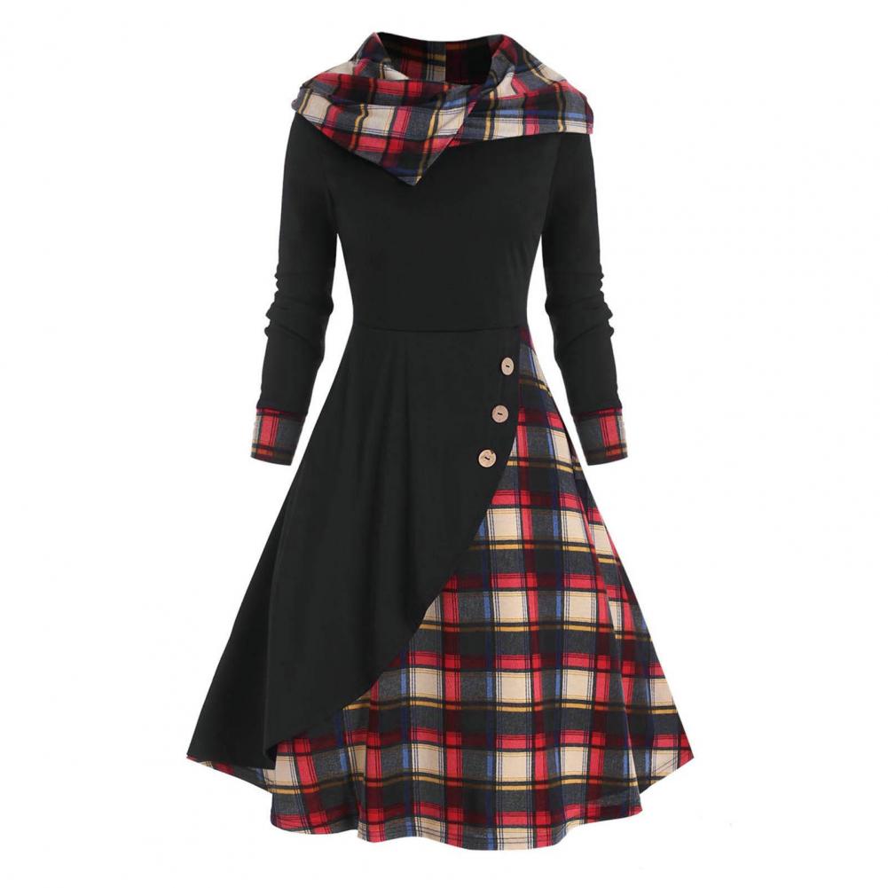 Elegant Dress Women Autumn Irregular Pile Collar Hooded Button Waist Tight Plaid Patchwork Print Large Hem Midi Dress - Seprincess