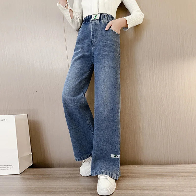 Spring Autumn Teenager Girls Denim Pants Children Trousers New Fashion Solid Color Girls Wide Leg Jeans 4-14 Years Kids Clothes