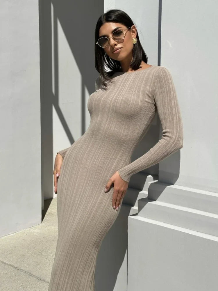 Autumn Long Sleeve Knitted Maxi Dress Women Elegant Sexy Pit Strip O-Neck Bodycon Evening Party Dresses 2024 Lady Casual Dress - Seprincess