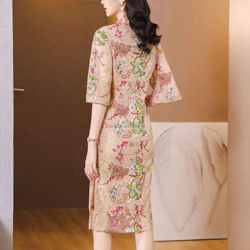 2024 new chinese improved elegant cheongsam woman summer national style gauze retro slimming embroidered half sleeve qipao dress - Seprincess