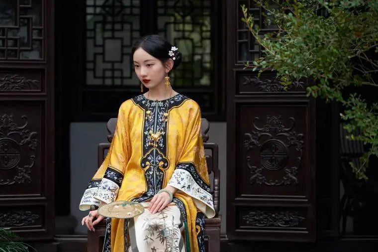 Qing Dynasty Satin Yellow Printed Cheongsam Cloak Chinese Vintage Heavy Industry Horse Face Skirt Original  Qipao Dress Modern - Seprincess