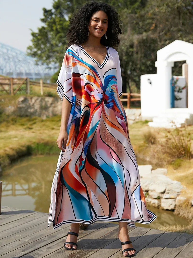 Fitshinling Vintage Print Long Party Dress Women Costumer Oversized Loose Straight Robe Dance Wear - Seprincess