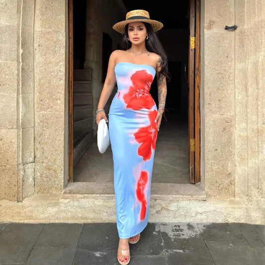 Sexy Strapless Print Tube Maxi Dress Women Off Shoulder Backless Stretch Long Sundress 2024 Summer New Beach Y2K Clothes - Seprincess