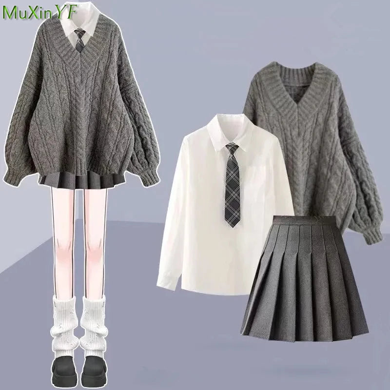 Women Autumn Winter Preppy Style Clothing Korean Loose Sweater White Shirt with Tie Mini Pleated Skirts Sets 2024 Knit Tops Suit - Seprincess