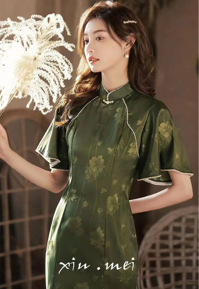 Cheongsam Dress Modern 2024 Women Improved Qipao New Long Waist Chinese Style Dress Sweet Green Chinese Dress Woman - Seprincess