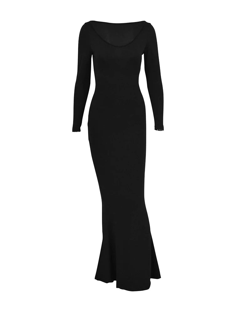 Sexy Maxi Dress For Women Party Black Casual Square Collar Bodycon Solid Long Dress Streetwear Fashion Club Elegant Dresses New - Seprincess