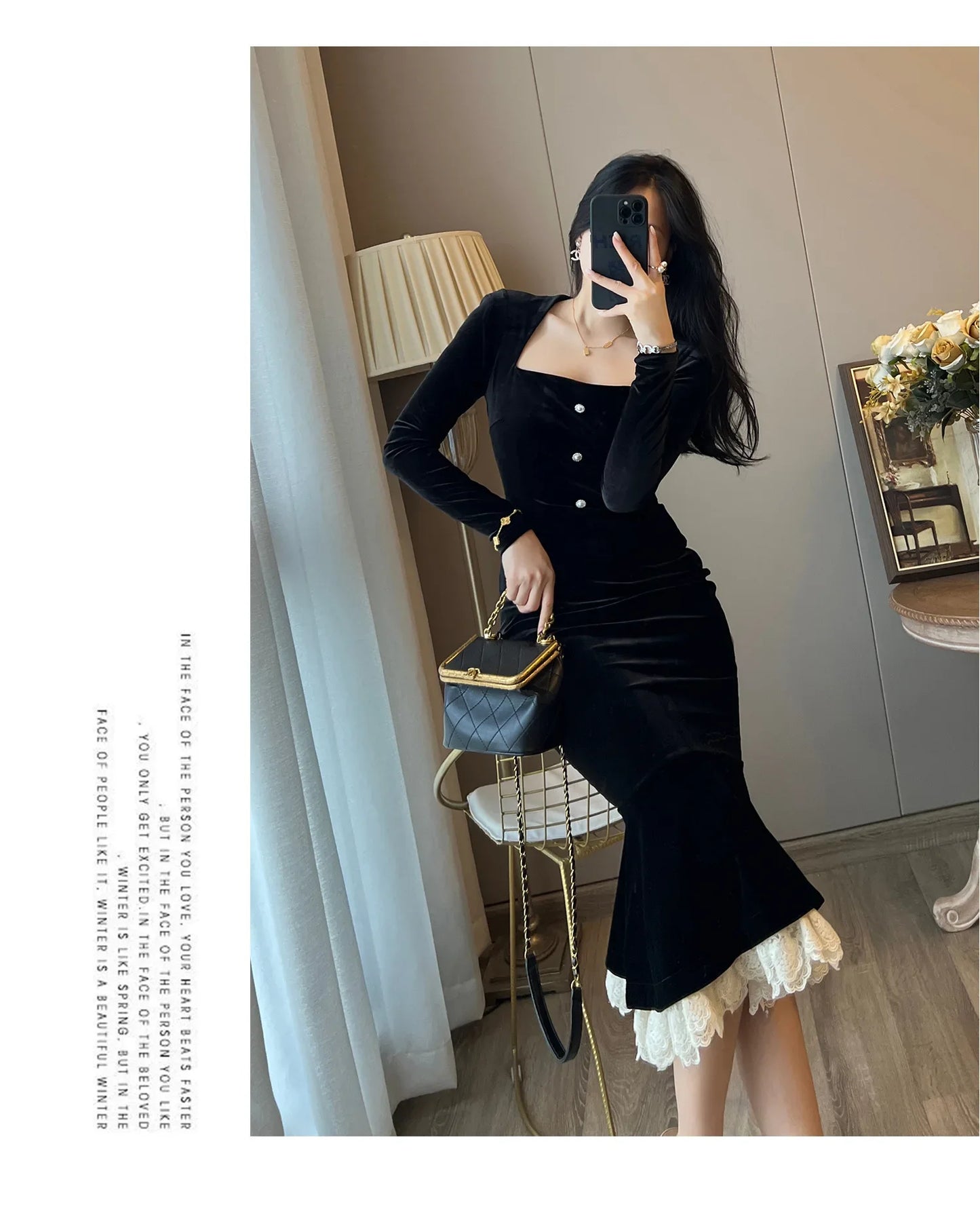 Elegant French Haban Style Fish Tail Skirt Spring Autumn Soft High Class Square Collar Long Sleeve Black Velvet Long Dress - Seprincess