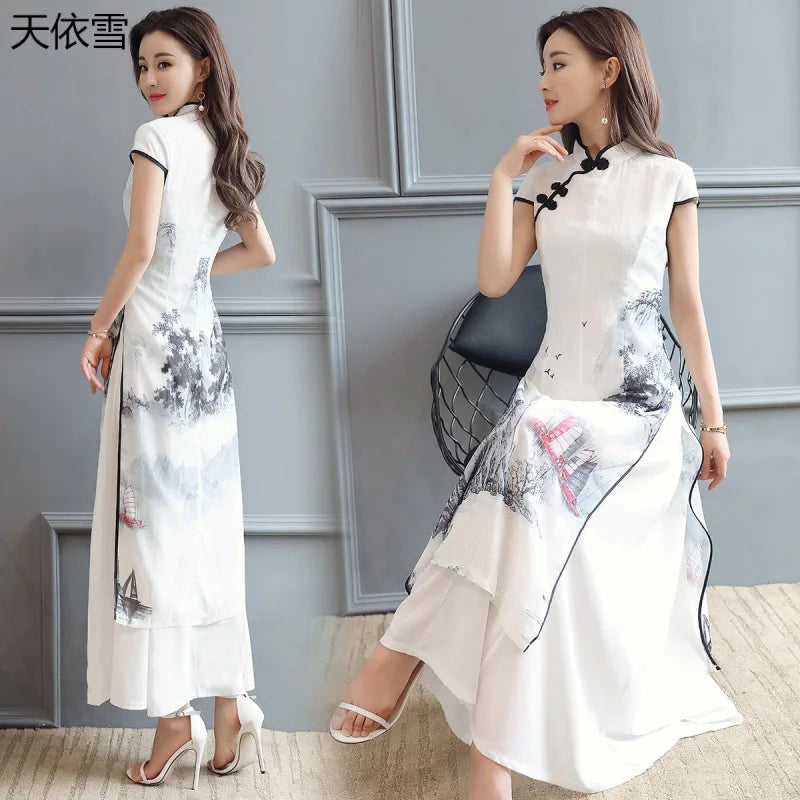 1pcs/lot Summer Elegant Slim Women Painting Cheongsam White Dress Qipao Chiffon Vintage Chinese Style Dress - Seprincess