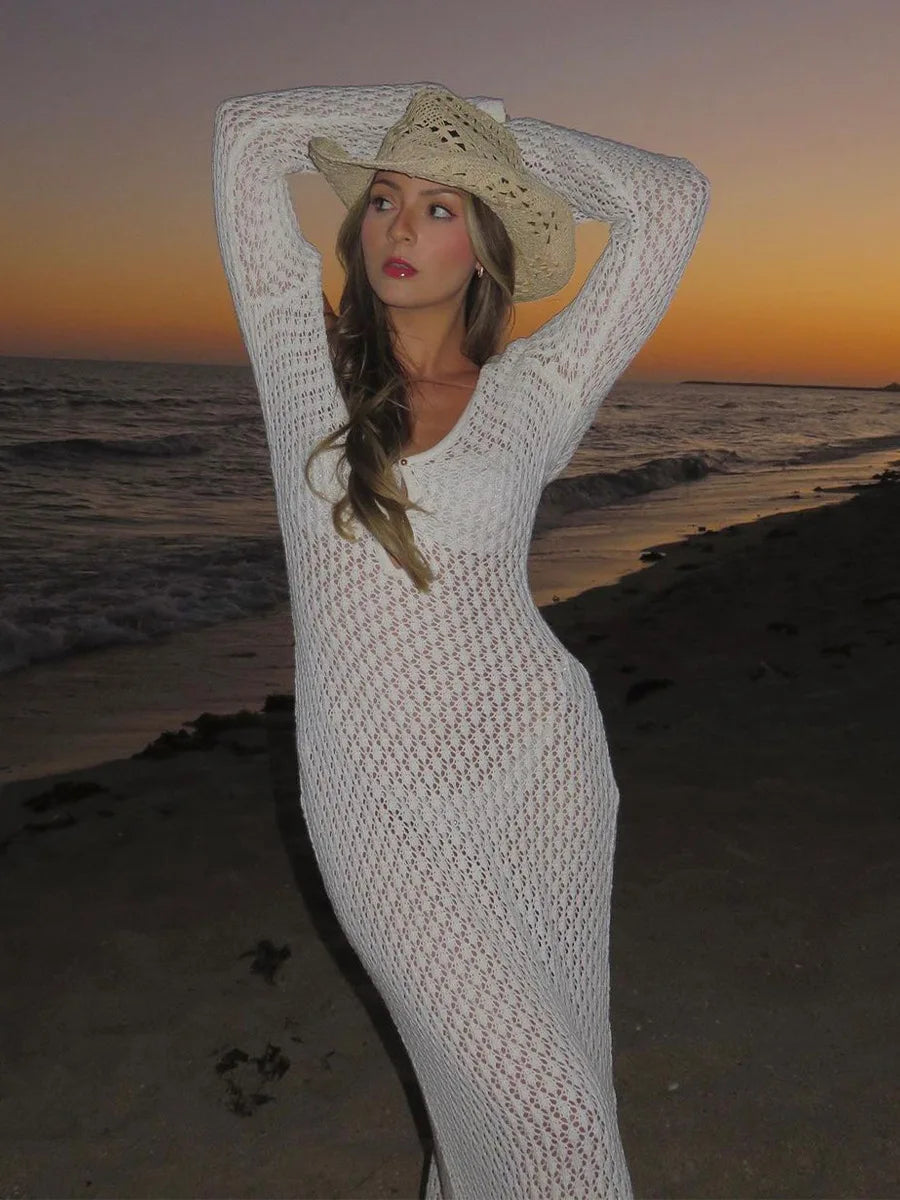 Sexy Women White Long Knit Sleeve Bikin Fashion Cover up Female See-Through Deep V-Neck Hollow-Out Beach Knitwear Backless Dress - Seprincess