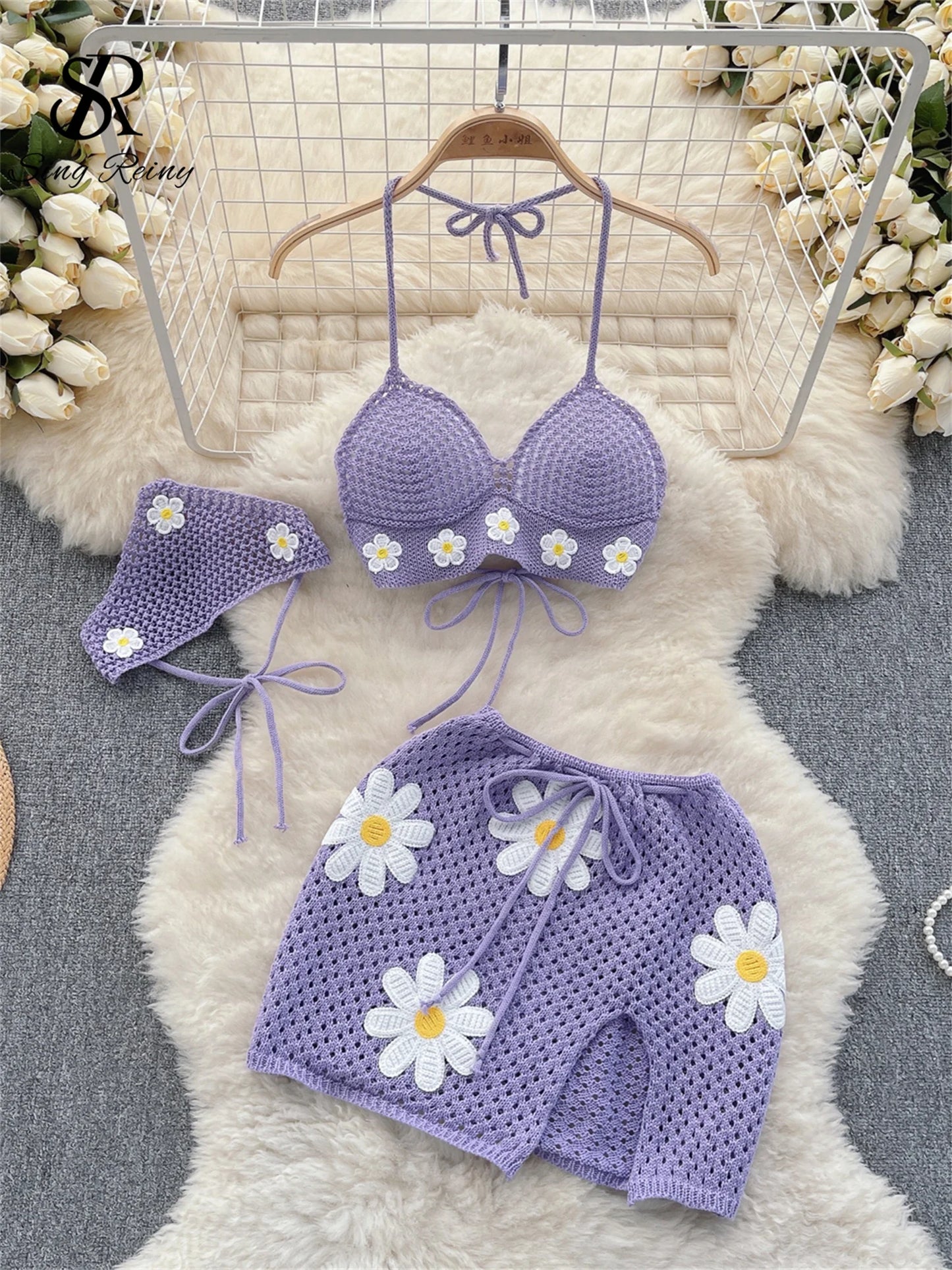 SINGREINY Korean Hollow Out Knitted Suits Women Halter Lace Up Bow Backless Tank Top+Drawstring Split Mini Skirt Two Pieces Sets - Seprincess