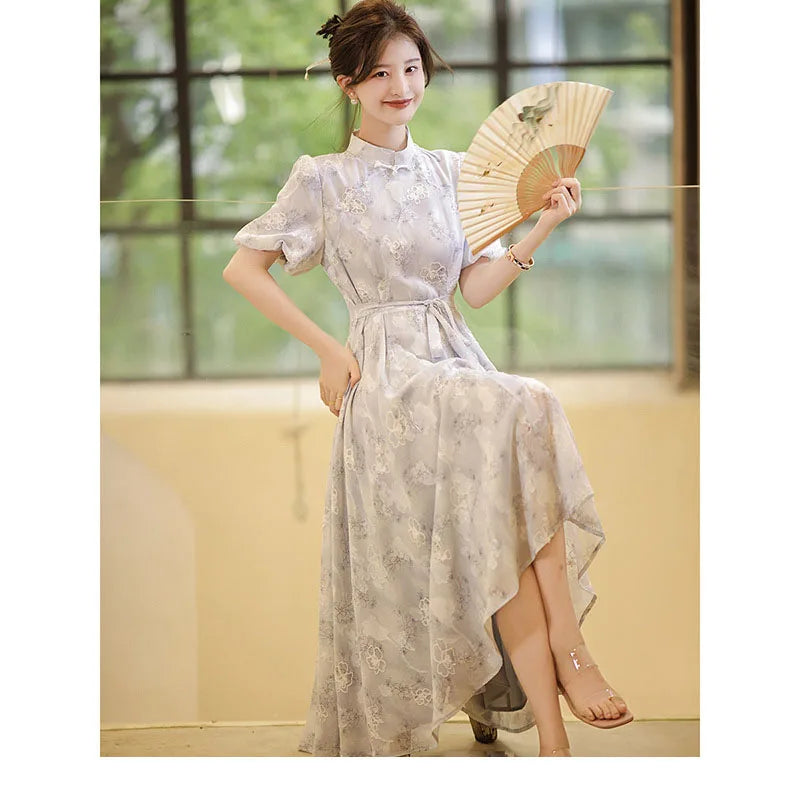 High Quality 2023 New Women Cheongsam Dress Embroidery Slim Elegant Long Qipao Chinese Style Wedding Dress Fashion Blue - Seprincess