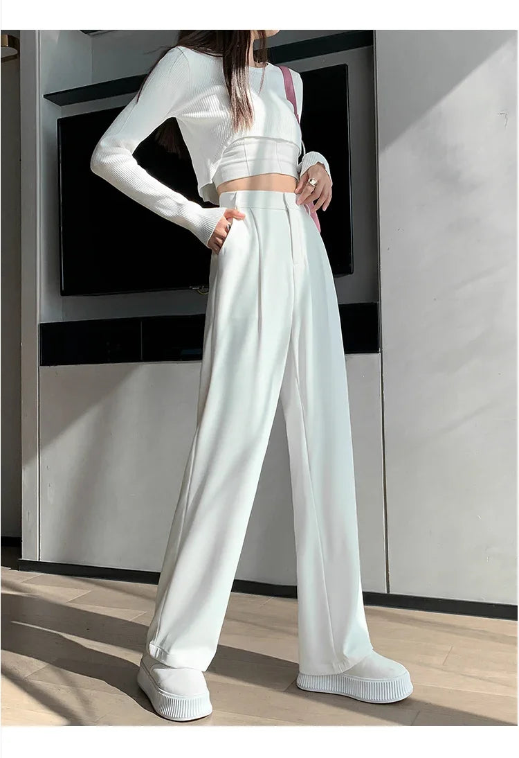 Casual High Waist Loose Wide Leg Pants for Women Spring Autumn New Female Floor-Length White Suits Pants Ladies Long Trousers