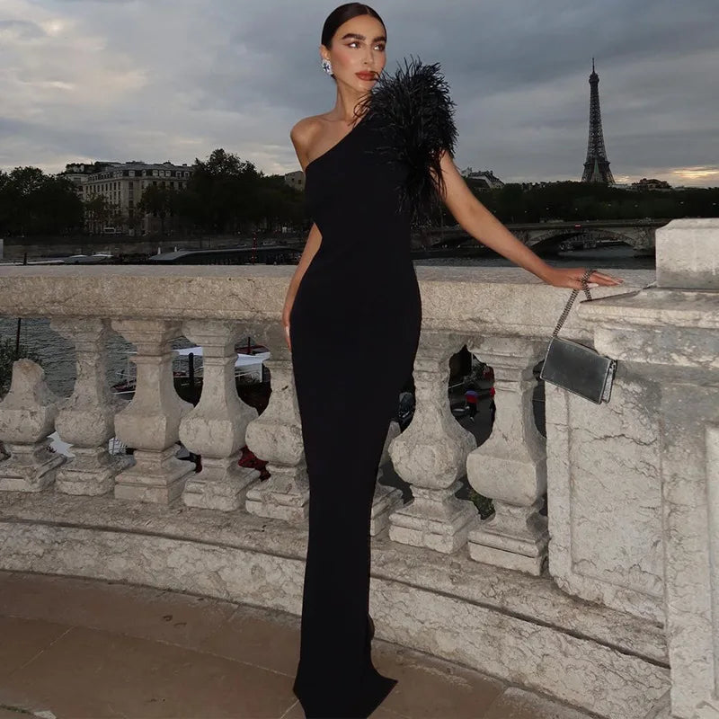 Dulzura Black Sleeveless One Shoulder Feather Maxi Dress For Women Bodycon Sexy Party Elegant Long Dress Birthday Evening Outfit - Seprincess