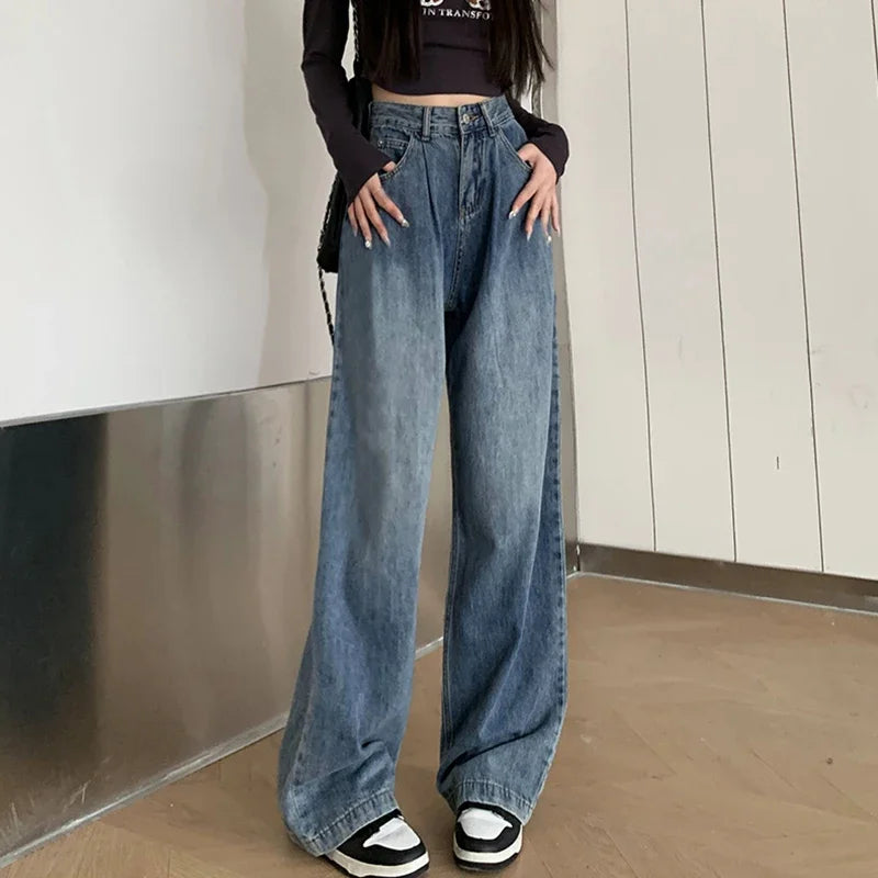 2024 Woman High Waist Vintage Baggy Jeans Lady Streetwear Wide Leg Pants Female Fashion Gray Blue Grey Light Blue Denim Trousers