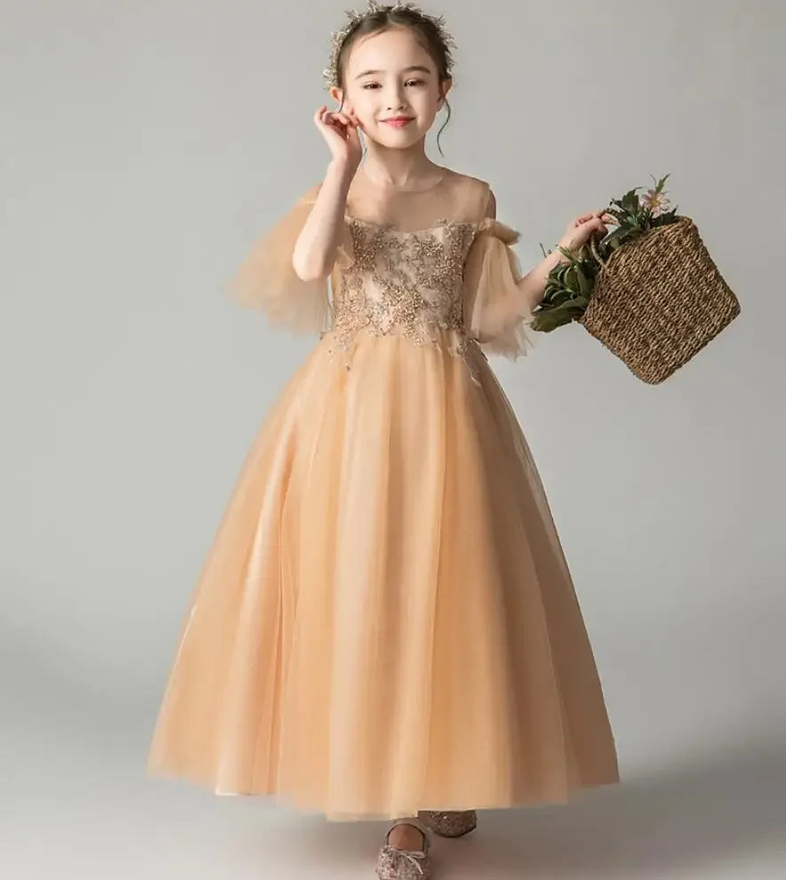 Golden Sequin Flower Girl Dress Off Shoulder Children Wedding Bridemaid Dress Long Gowns Girl Boutique Party Wear Elegant Frocks - Seprincess