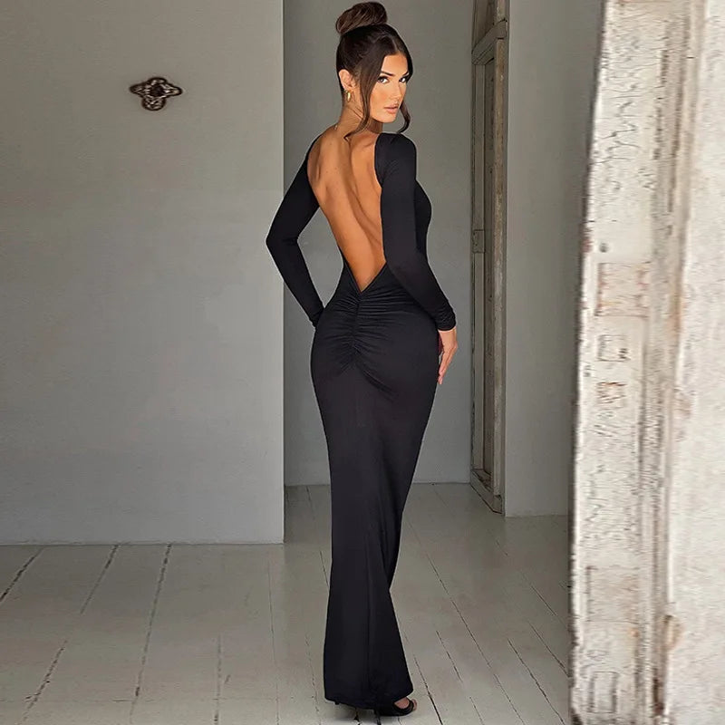 Cryptographic Elegant Open Back Ruched Sexy Bodycon Maxi Dress Birthday Outfits for Women Long Sleeve Dresses Gown Club Party - Seprincess