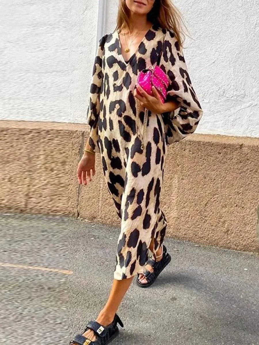 Fashion Leopard Casual Dress Women's New V Neck Lantern Sleeve Elegant Office Holiday Summer Female Loose Dresses Robe Femme - Seprincess