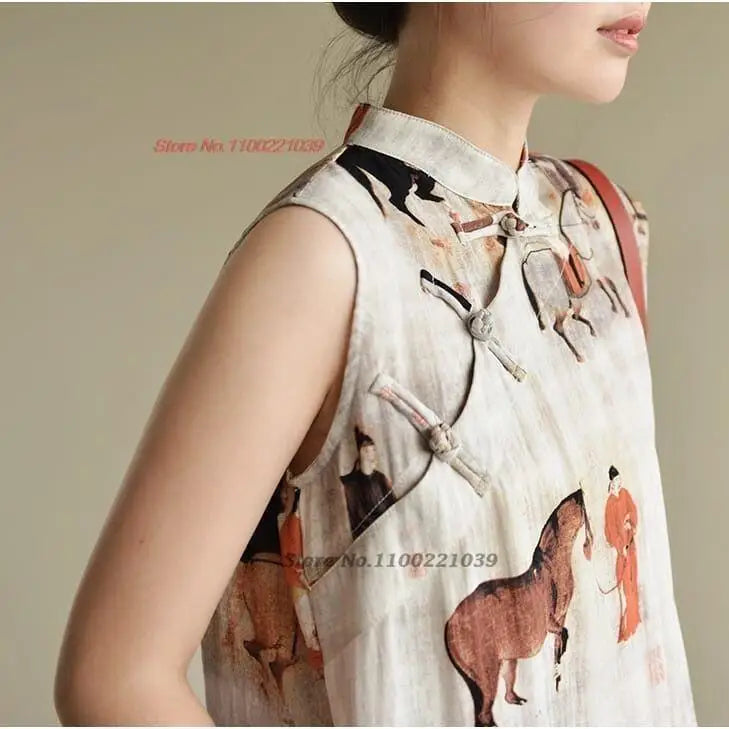 2024 chinese sleeveless dress vintage cheongsam dress national print cotton linen qipao chinese traditional dress a-line qipao - Seprincess