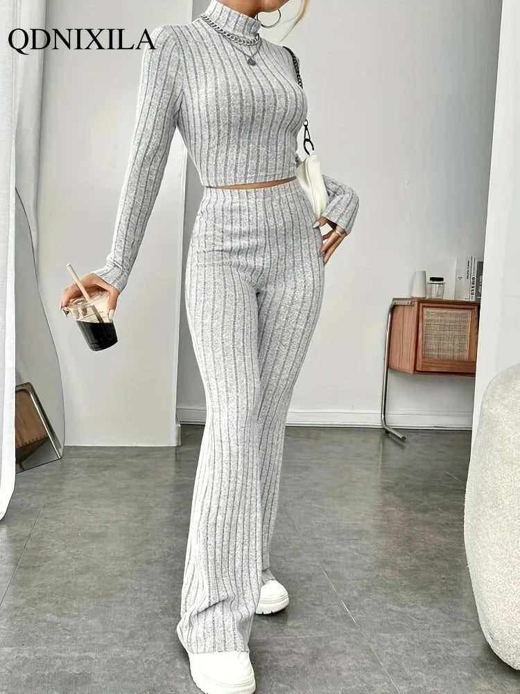 Elegant Women's Sets 2024 Autumn Hight Waist Casual Knit Pants Sets Korean Fashion Turtleneck Pullover 2 Piece Sets Women Outfit - Seprincess